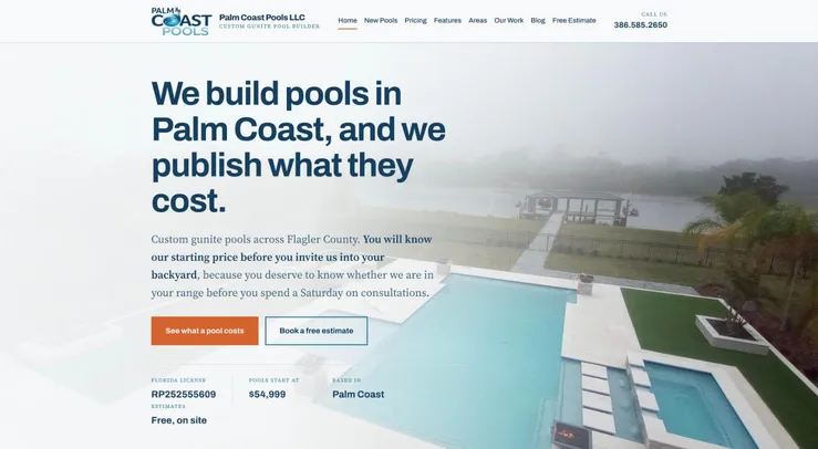 Palm Coast Pools website homepage designed by A1A Creative